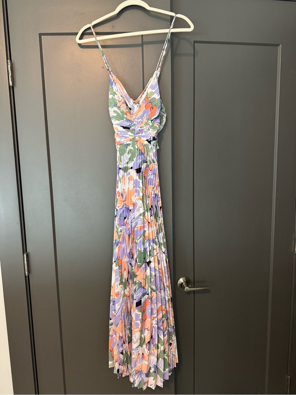 Astr Floral Pleated Maxi Dress in Lavender, Peach & Green
